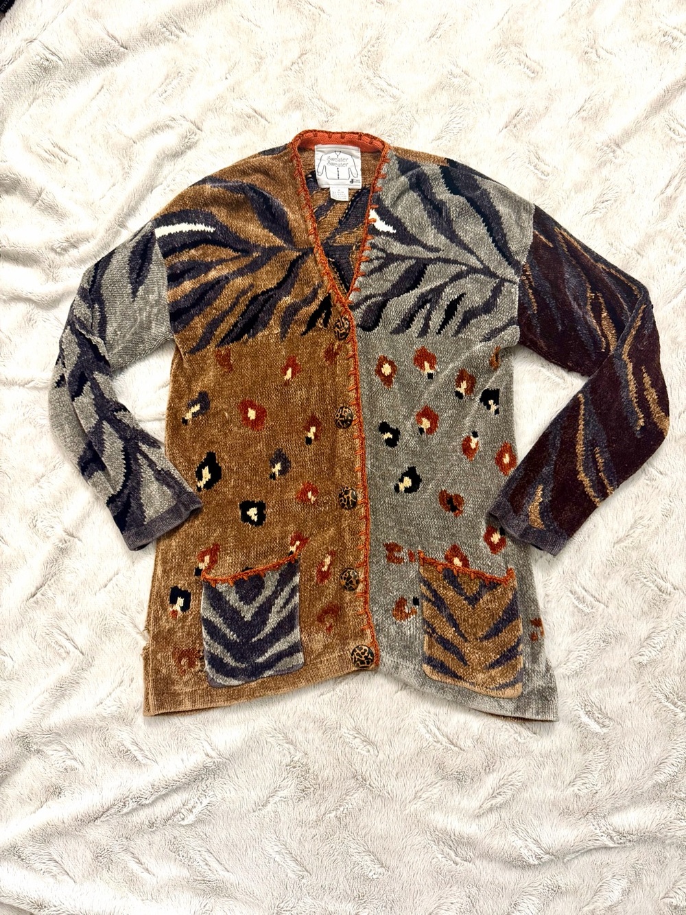 Vtg 90s J Two Patchwork Animal Print Knit Cardigan Medium Grannycore